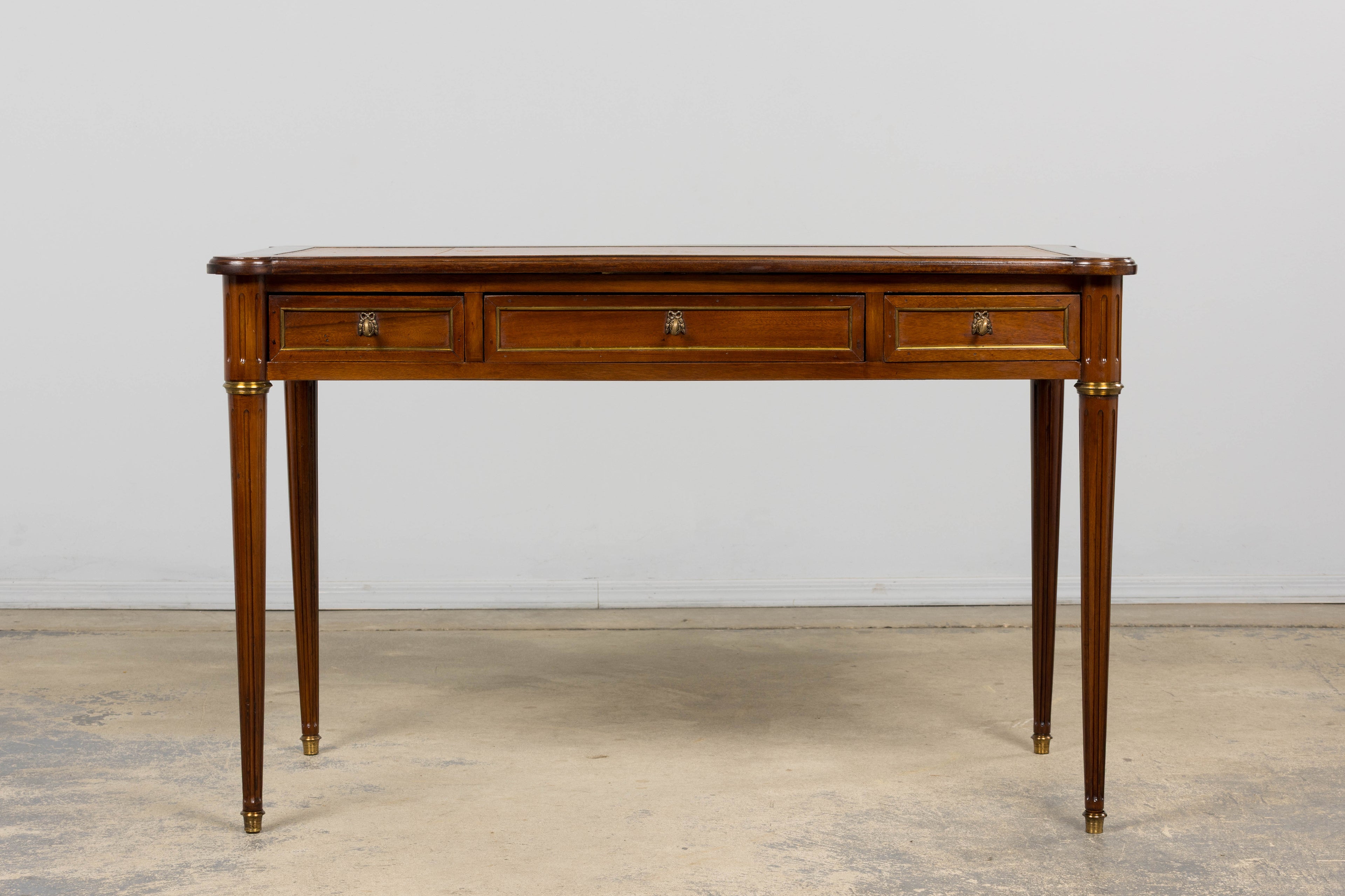 French Louis XVI Style Mahogany Writing Desk W/ Cognac Leather Top