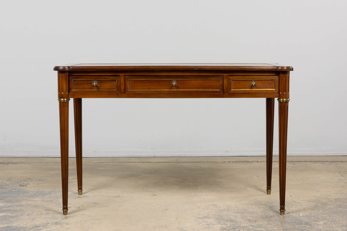 French Louis XVI Style Mahogany Writing Desk W/ Cognac Leather Top
