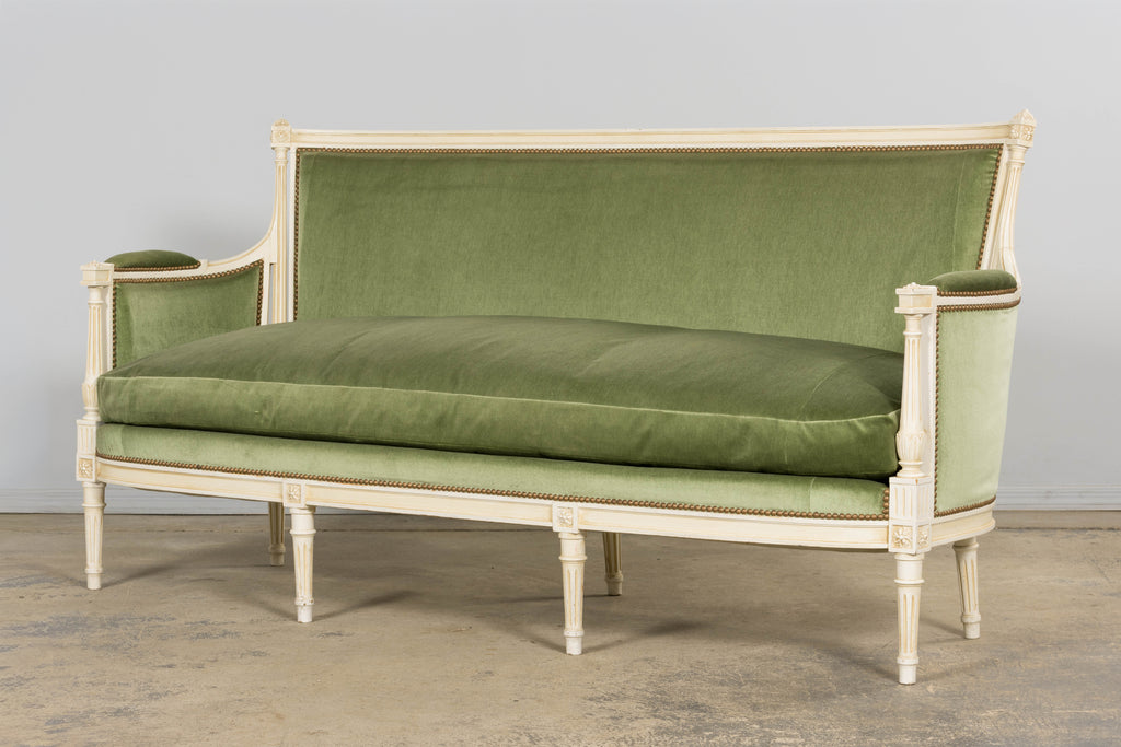 ON HOLD French Louis XVI Style Painted Canapé in Moss Green Velvet, Early 20th Century, Provence