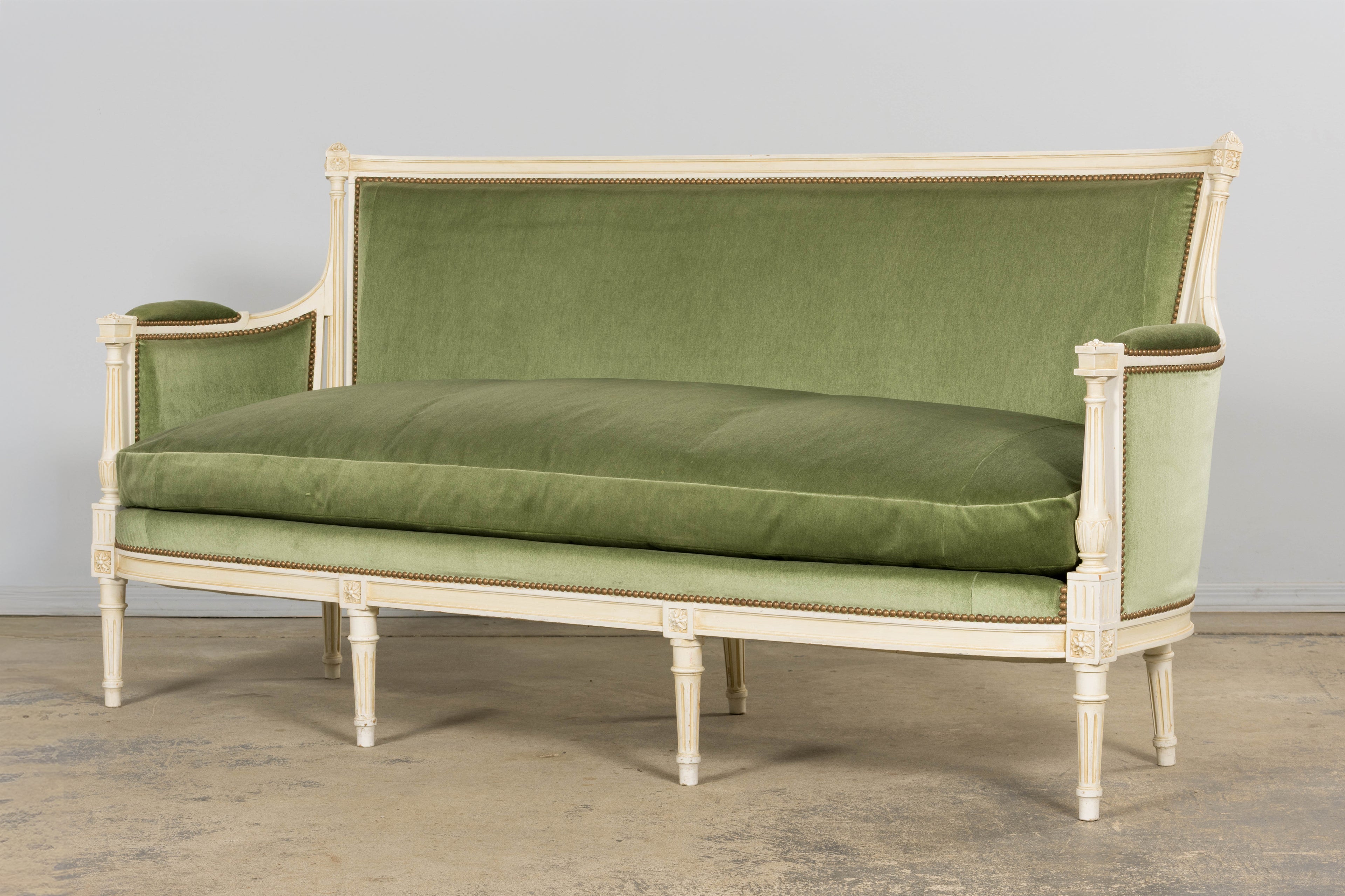 ON HOLD French Louis XVI Style Painted Canapé in Moss Green Velvet, Early 20th Century, Provence