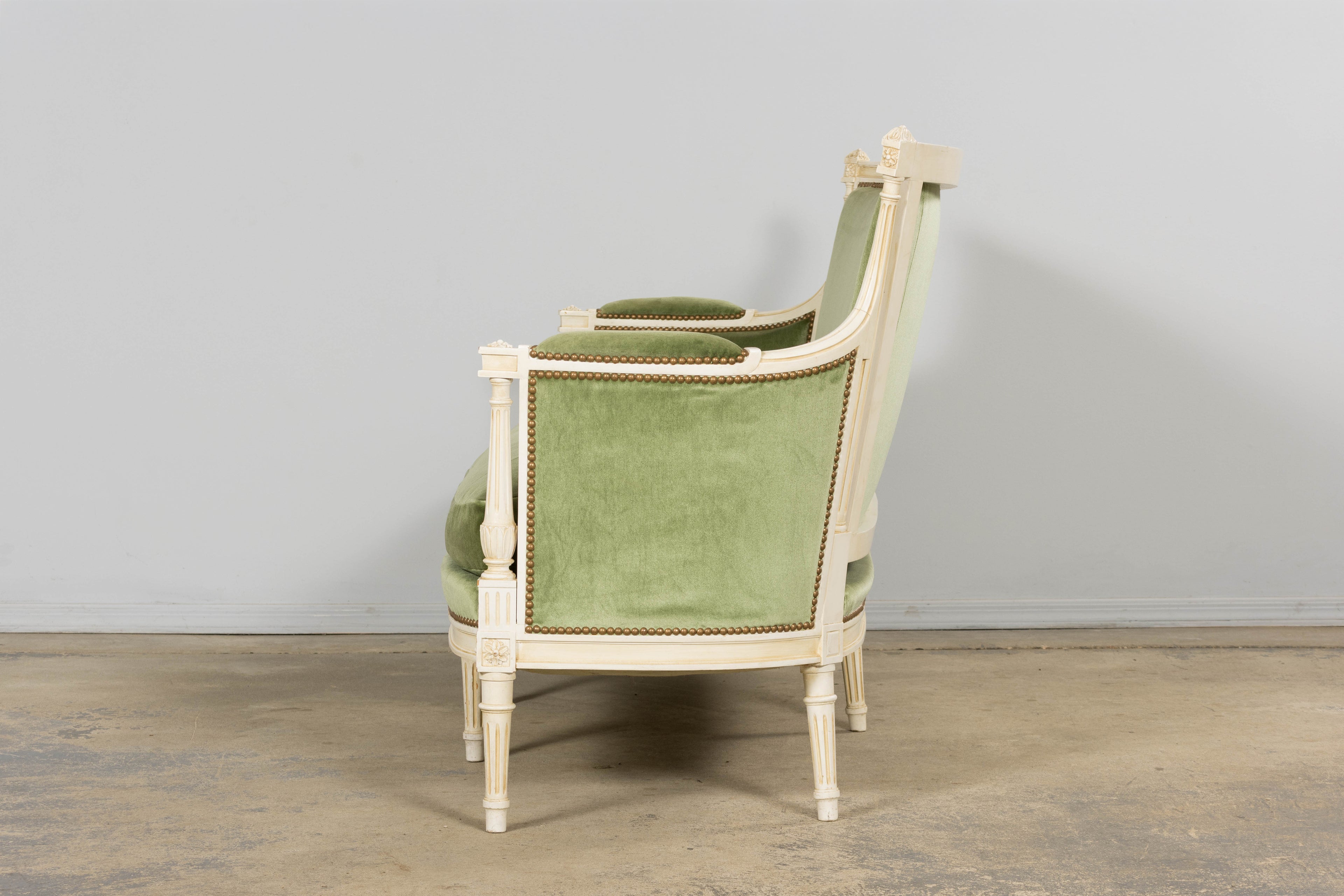 ON HOLD French Louis XVI Style Painted Canapé in Moss Green Velvet, Early 20th Century, Provence