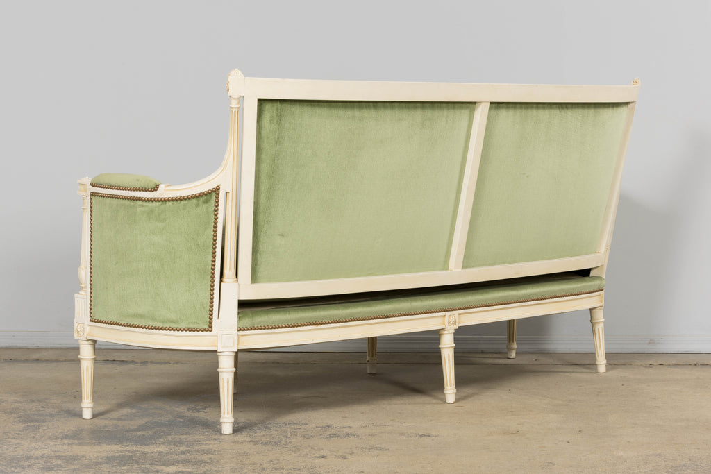 ON HOLD French Louis XVI Style Painted Canapé in Moss Green Velvet, Early 20th Century, Provence