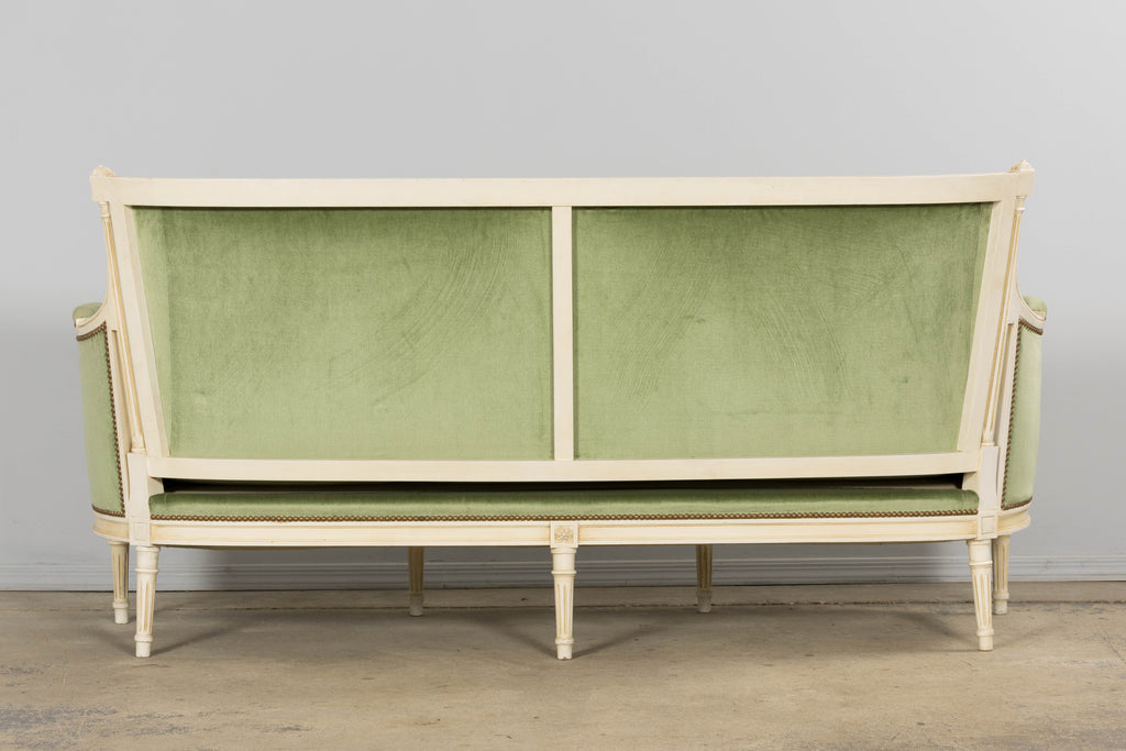 ON HOLD French Louis XVI Style Painted Canapé in Moss Green Velvet, Early 20th Century, Provence