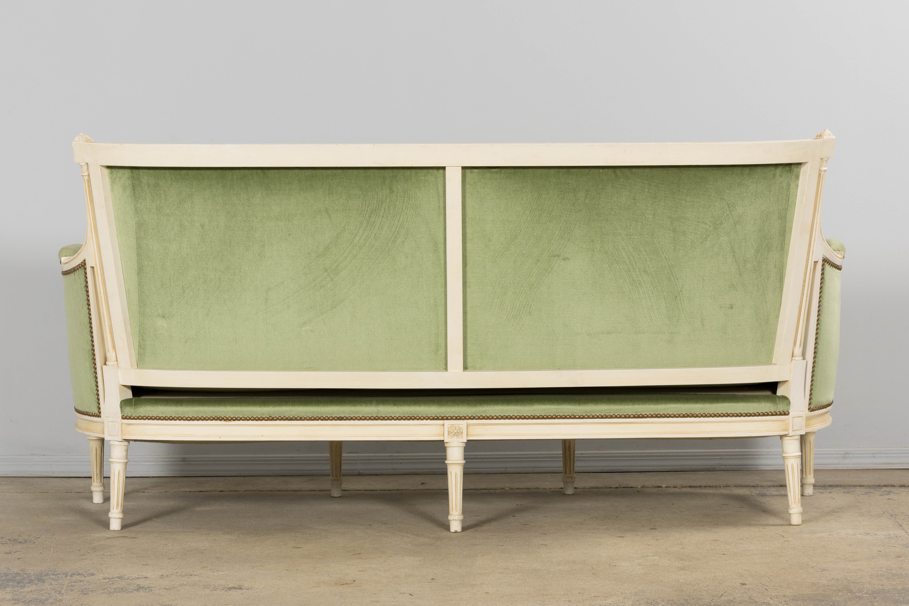 ON HOLD French Louis XVI Style Painted Canapé in Moss Green Velvet, Early 20th Century, Provence