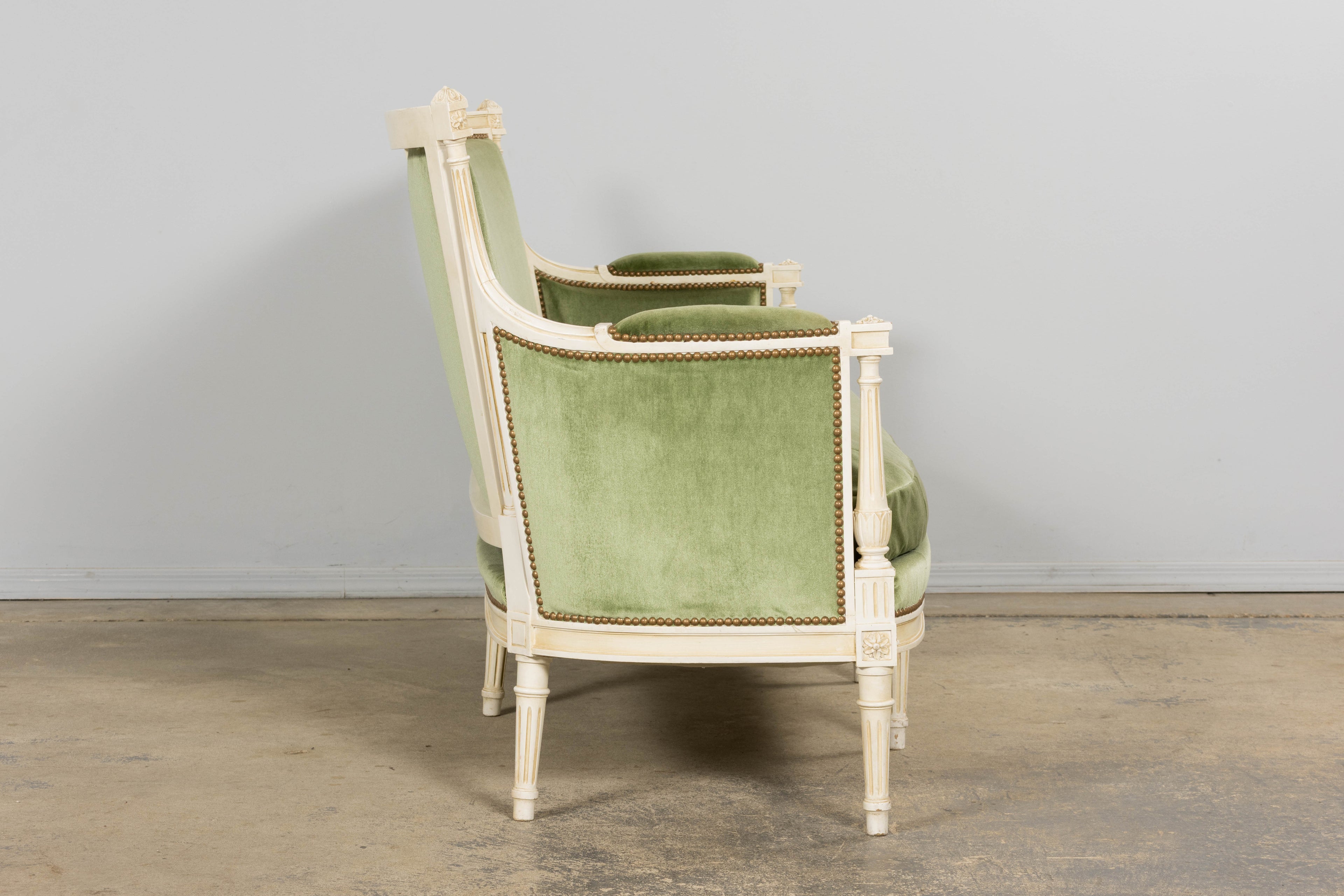 ON HOLD French Louis XVI Style Painted Canapé in Moss Green Velvet, Early 20th Century, Provence