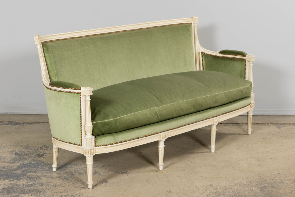 ON HOLD French Louis XVI Style Painted Canapé in Moss Green Velvet, Early 20th Century, Provence