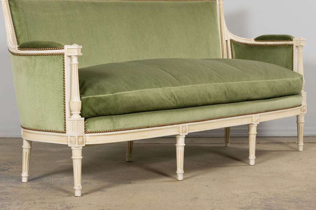 ON HOLD French Louis XVI Style Painted Canapé in Moss Green Velvet, Early 20th Century, Provence