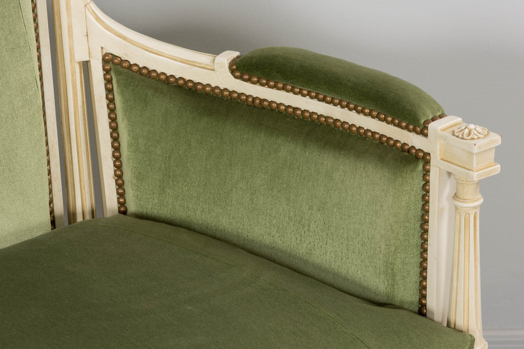 ON HOLD French Louis XVI Style Painted Canapé in Moss Green Velvet, Early 20th Century, Provence