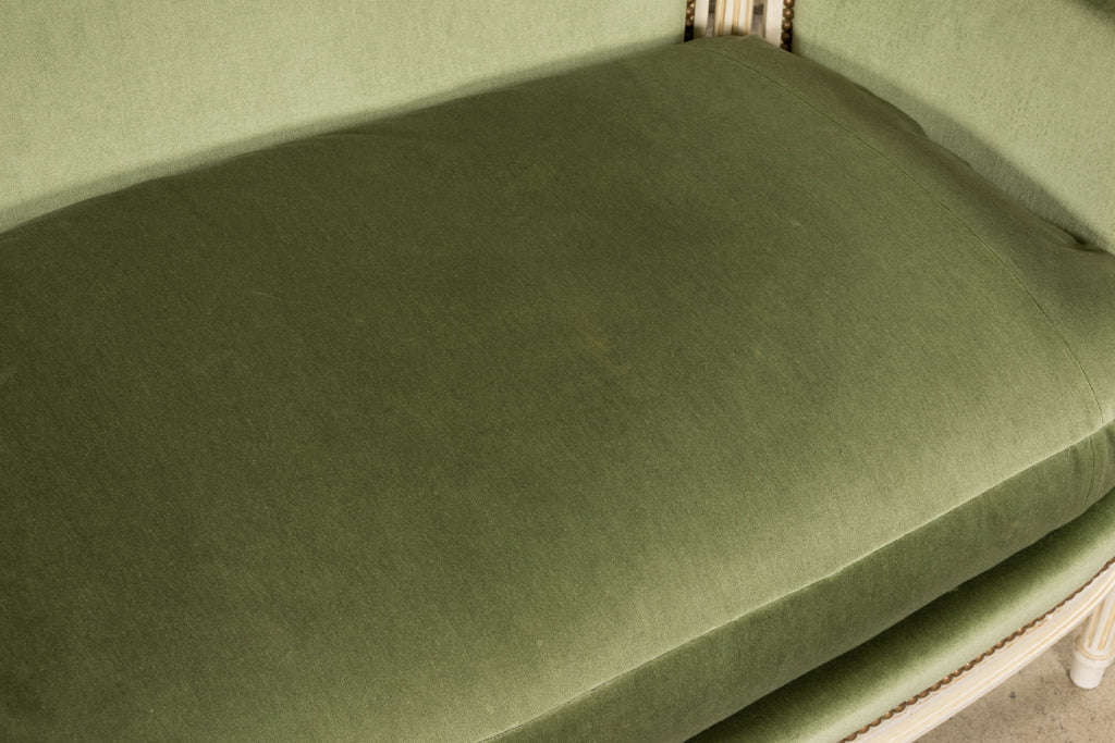 ON HOLD French Louis XVI Style Painted Canapé in Moss Green Velvet, Early 20th Century, Provence