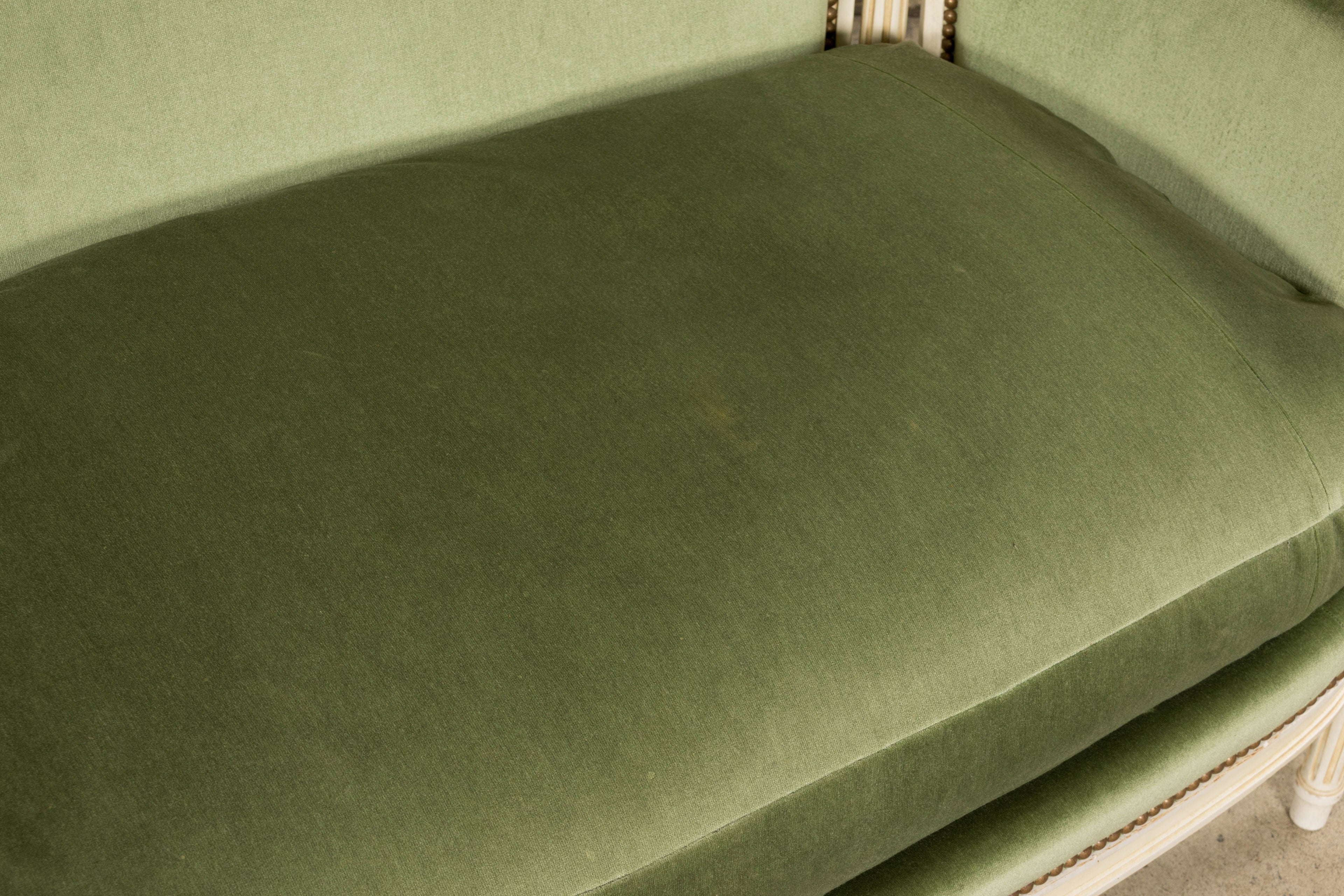 ON HOLD French Louis XVI Style Painted Canapé in Moss Green Velvet, Early 20th Century, Provence
