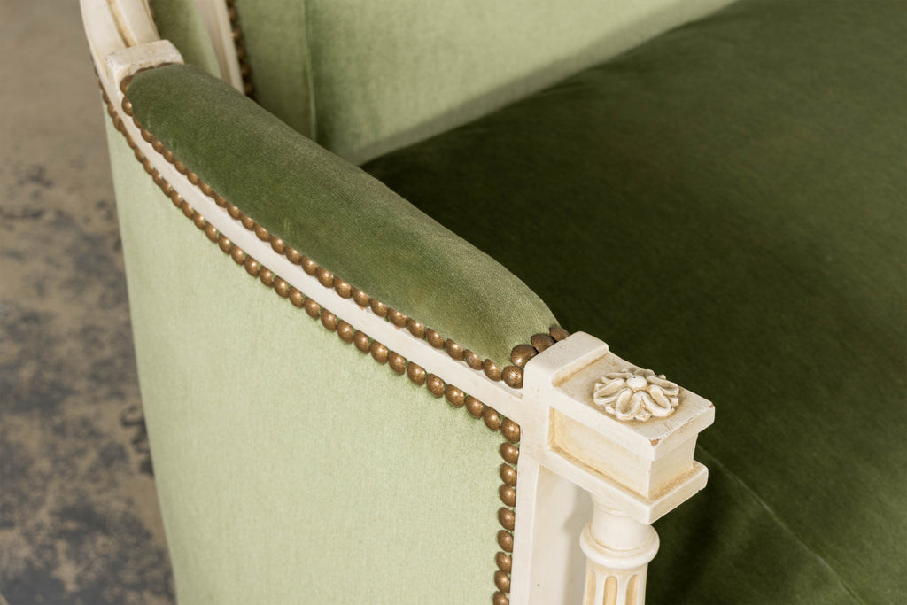 ON HOLD French Louis XVI Style Painted Canapé in Moss Green Velvet, Early 20th Century, Provence