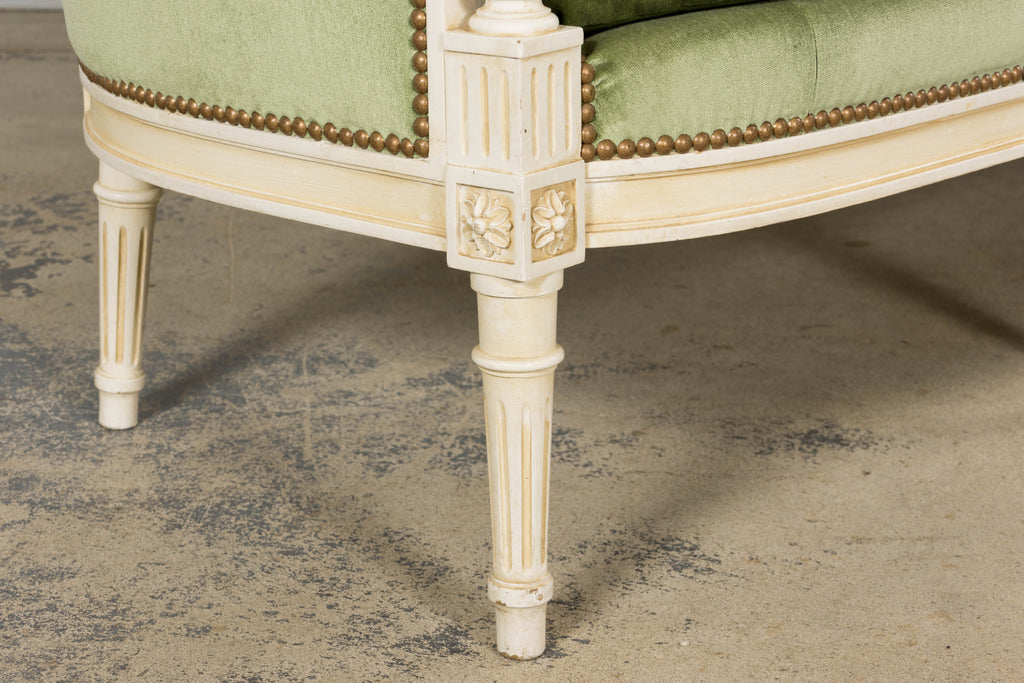 ON HOLD French Louis XVI Style Painted Canapé in Moss Green Velvet, Early 20th Century, Provence