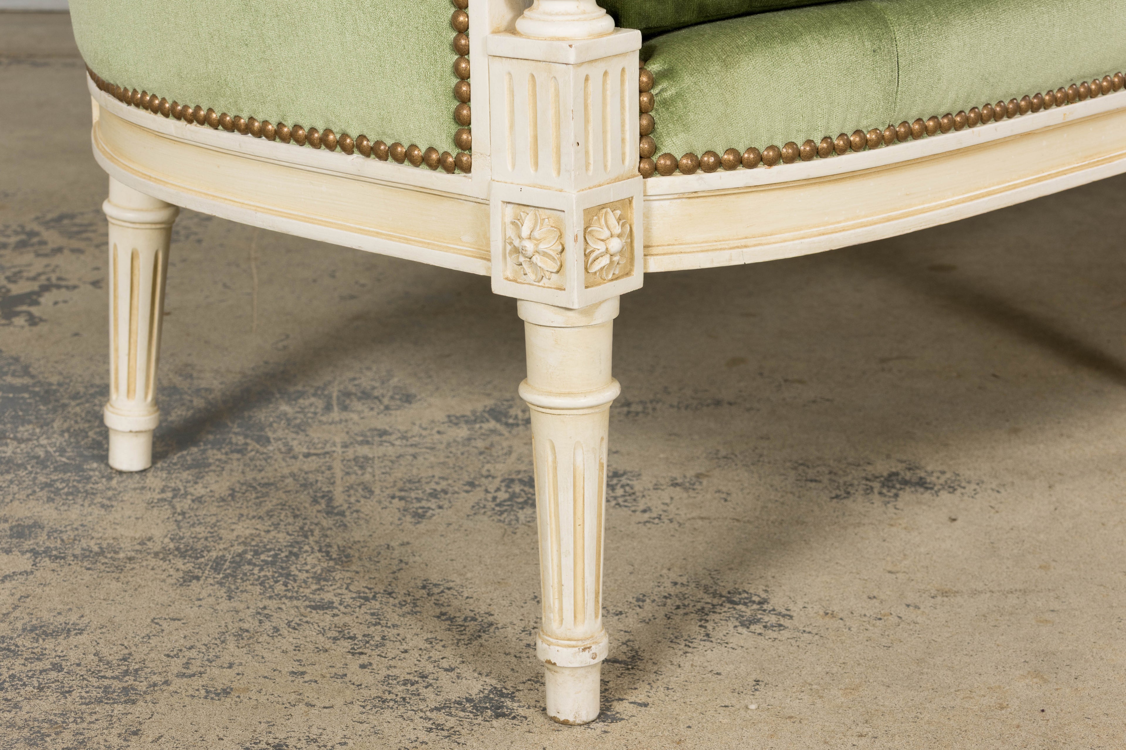 ON HOLD French Louis XVI Style Painted Canapé in Moss Green Velvet, Early 20th Century, Provence