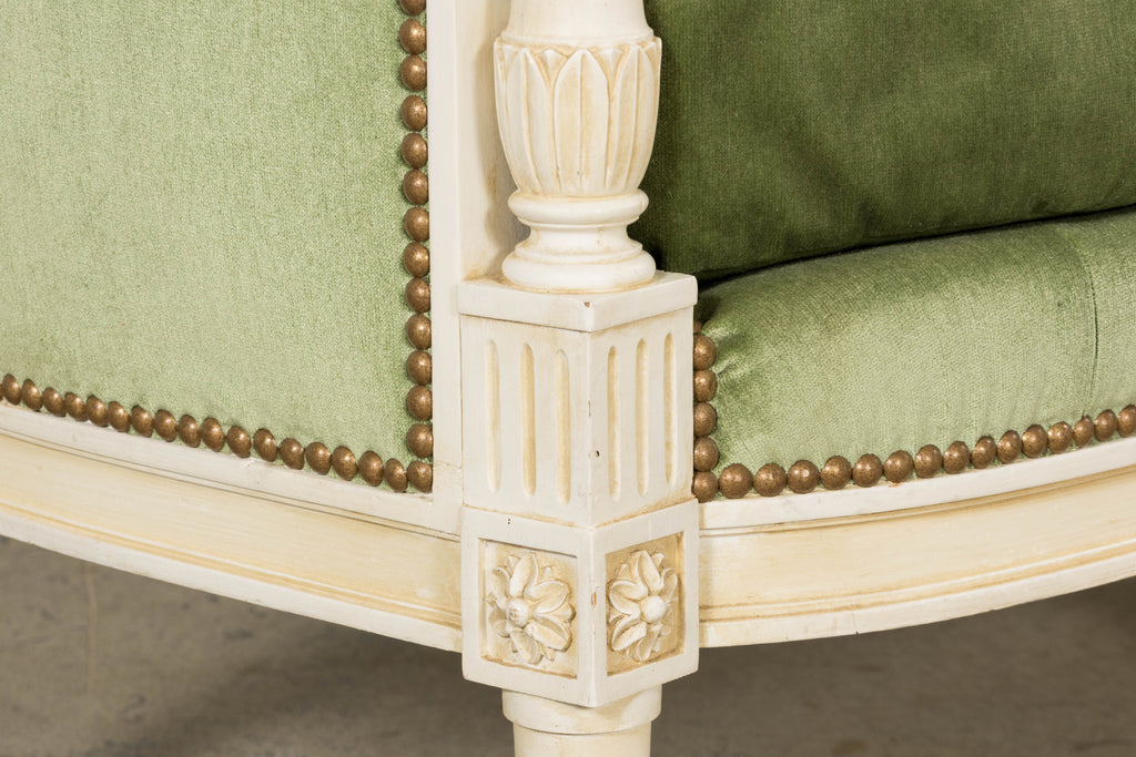 ON HOLD French Louis XVI Style Painted Canapé in Moss Green Velvet, Early 20th Century, Provence