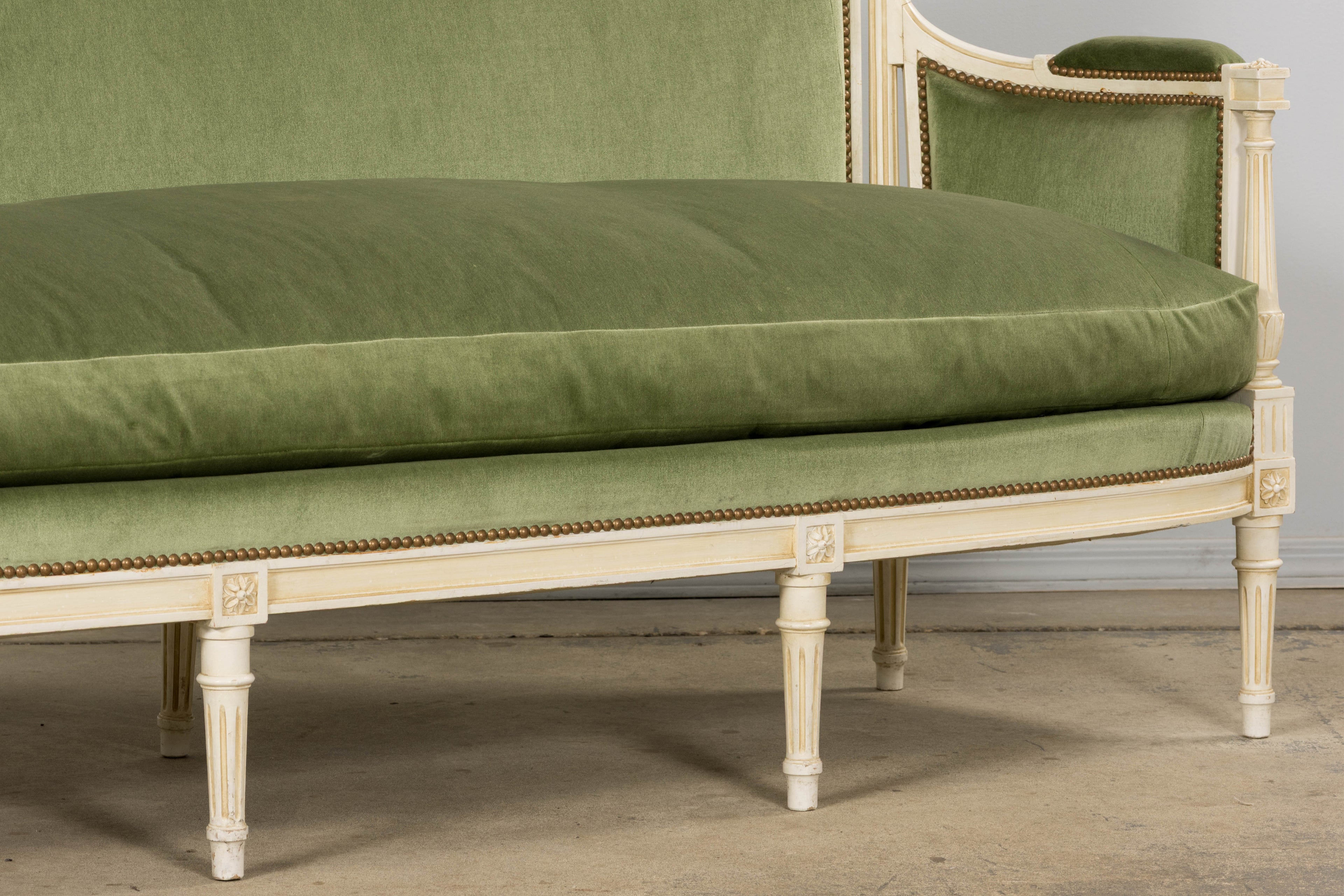 ON HOLD French Louis XVI Style Painted Canapé in Moss Green Velvet, Early 20th Century, Provence