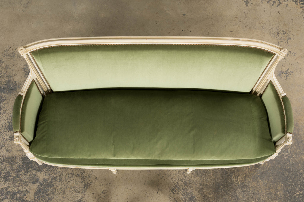 ON HOLD French Louis XVI Style Painted Canapé in Moss Green Velvet, Early 20th Century, Provence