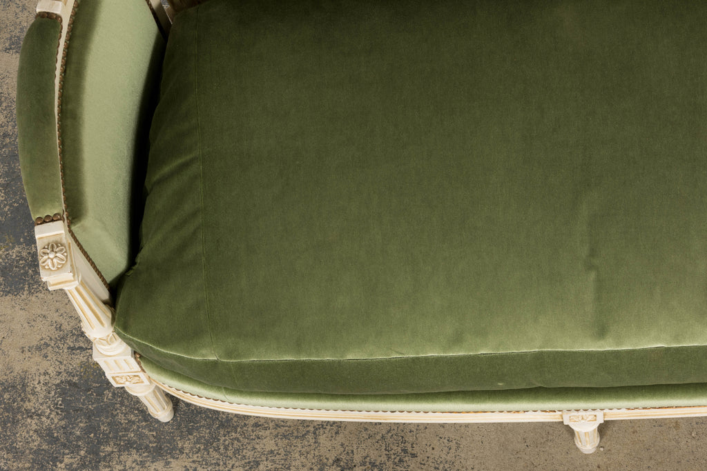 ON HOLD French Louis XVI Style Painted Canapé in Moss Green Velvet, Early 20th Century, Provence