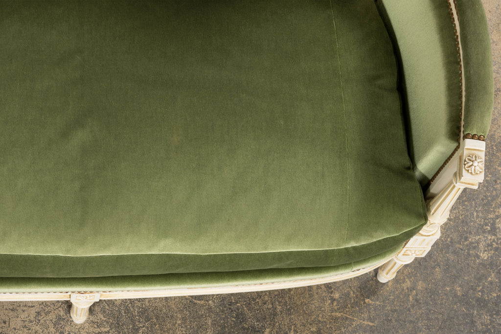 ON HOLD French Louis XVI Style Painted Canapé in Moss Green Velvet, Early 20th Century, Provence