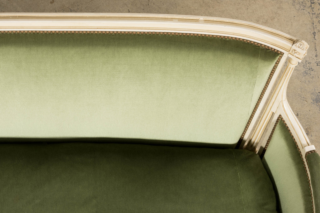 ON HOLD French Louis XVI Style Painted Canapé in Moss Green Velvet, Early 20th Century, Provence