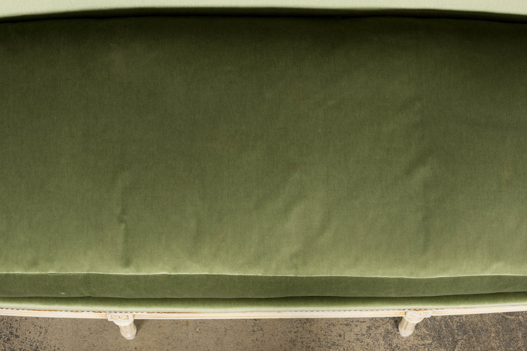ON HOLD French Louis XVI Style Painted Canapé in Moss Green Velvet, Early 20th Century, Provence