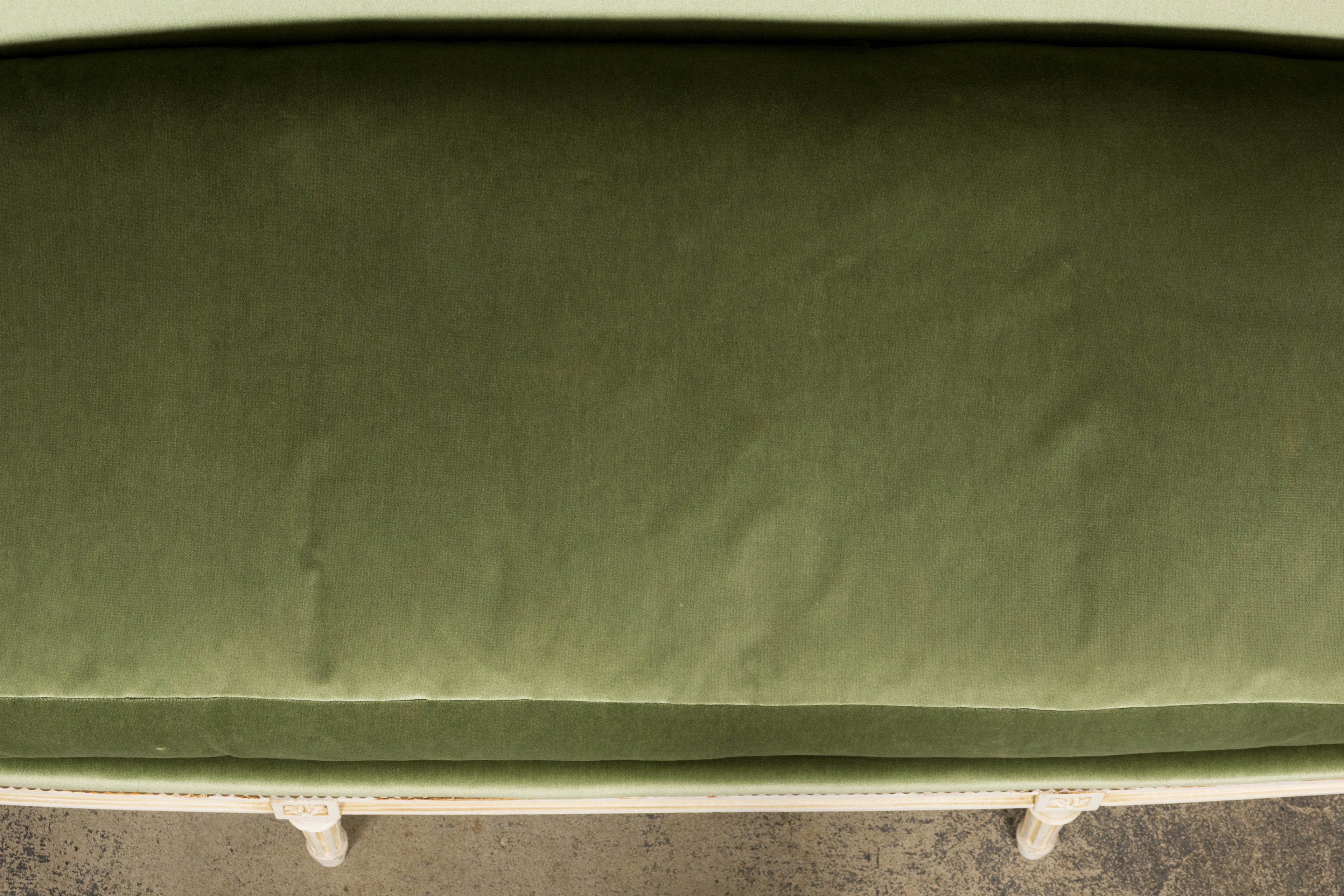 ON HOLD French Louis XVI Style Painted Canapé in Moss Green Velvet, Early 20th Century, Provence