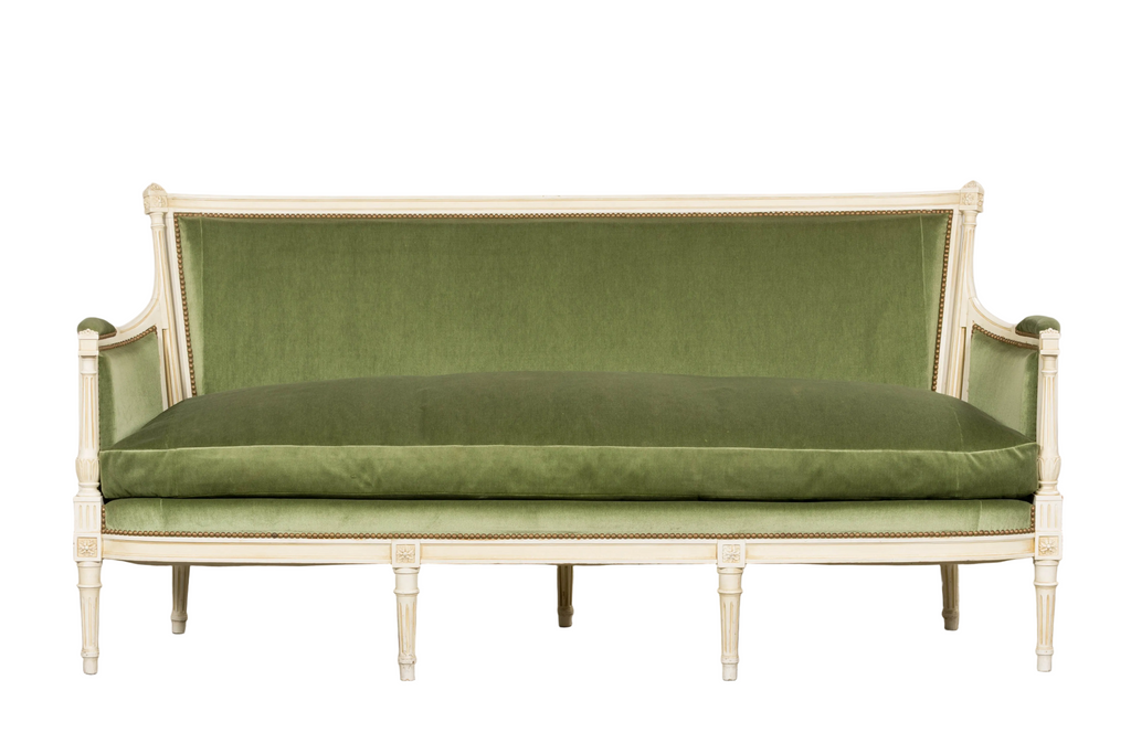 ON HOLD French Louis XVI Style Painted Canapé in Moss Green Velvet, Early 20th Century, Provence
