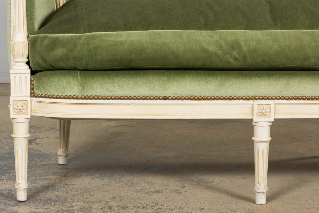 ON HOLD French Louis XVI Style Painted Canapé in Moss Green Velvet, Early 20th Century, Provence