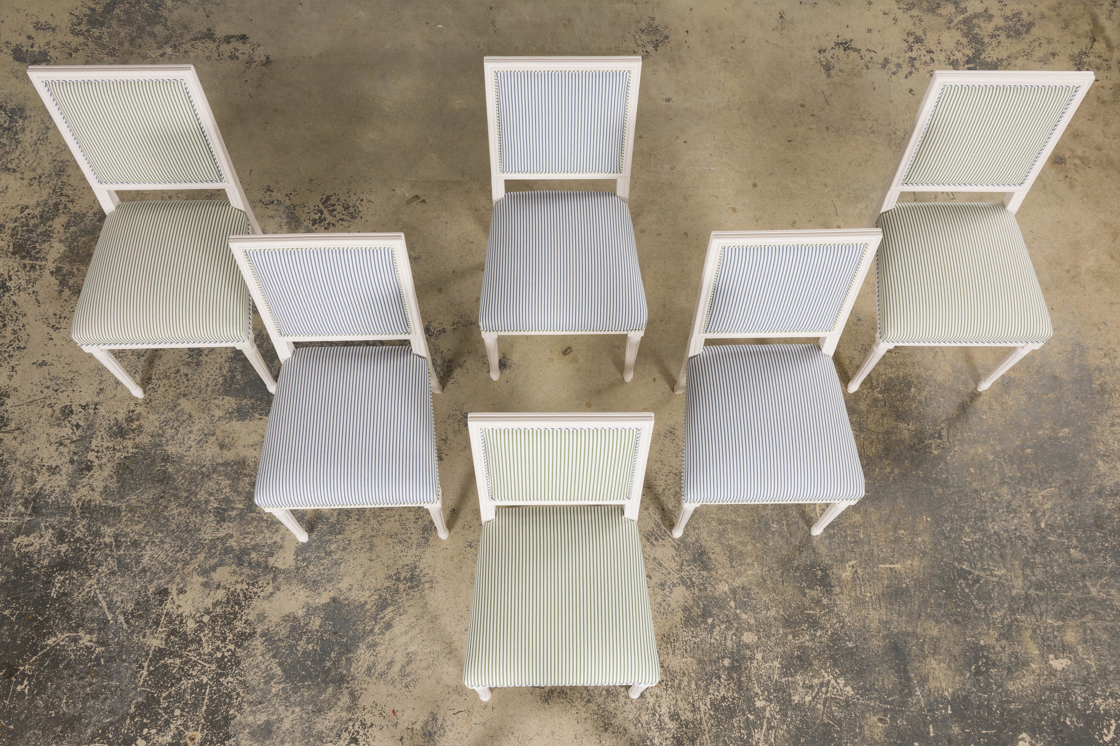 French Louis XVI Style Painted Dining Chairs in Blue & Green Stripe, Set of 6