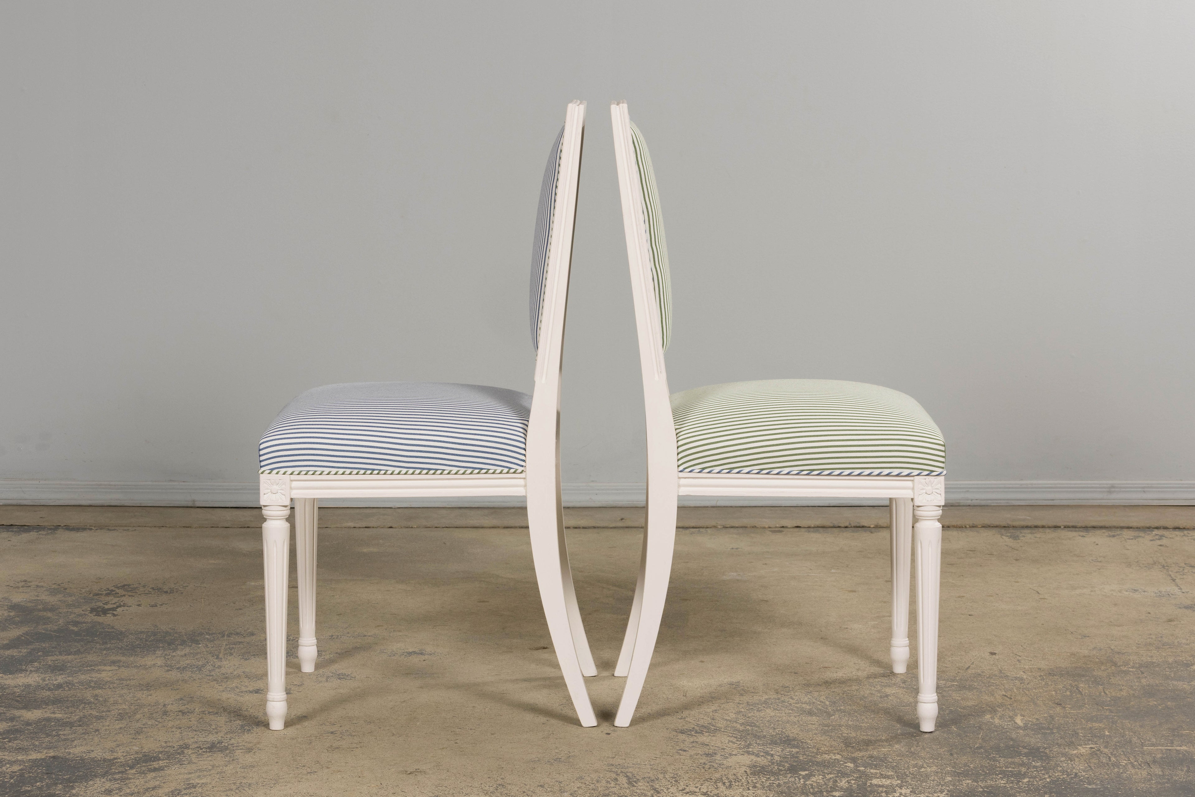 French Louis XVI Style Painted Dining Chairs in Blue & Green Stripe, Set of 6