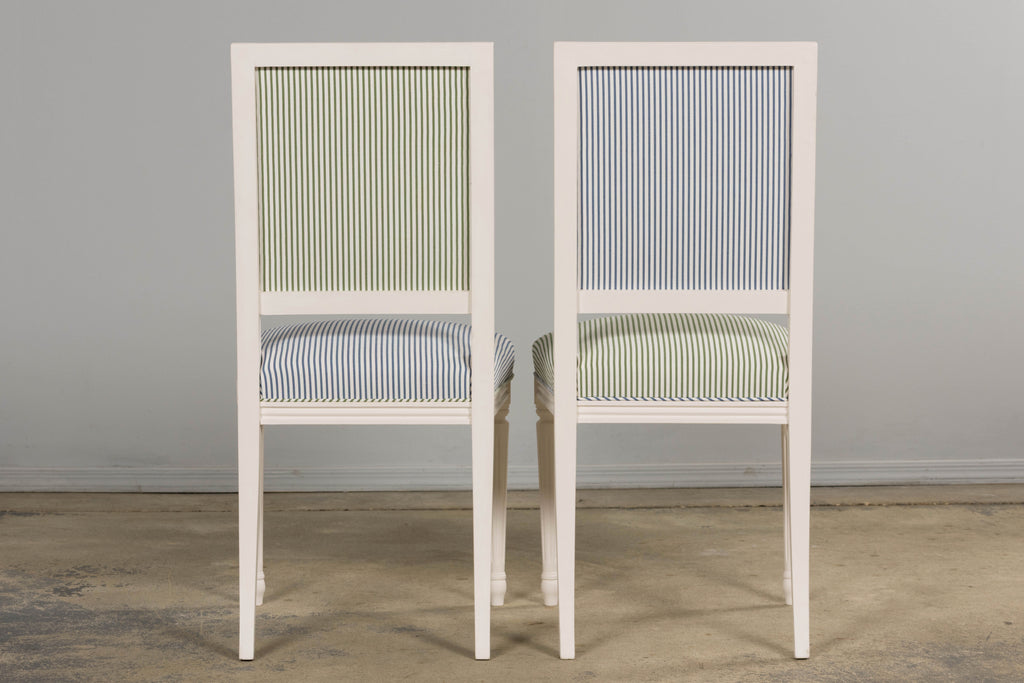 French Louis XVI Style Painted Dining Chairs in Blue & Green Stripe, Set of 6