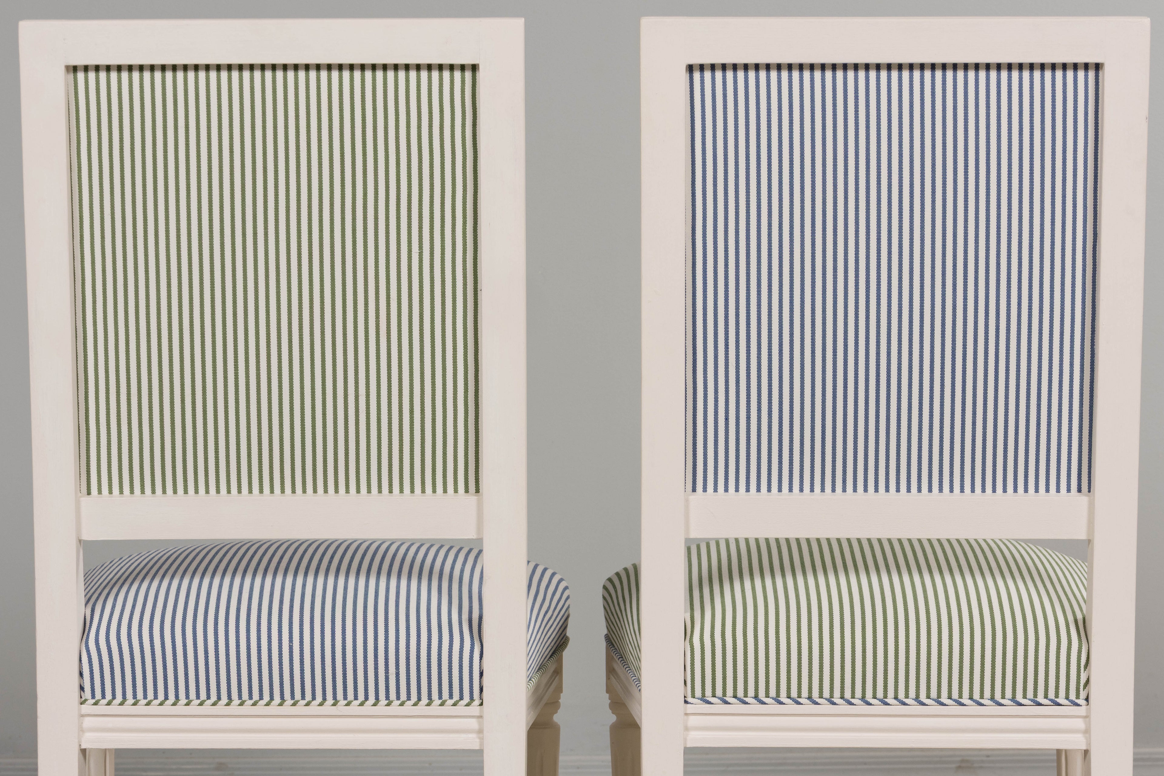 French Louis XVI Style Painted Dining Chairs in Blue & Green Stripe, Set of 6