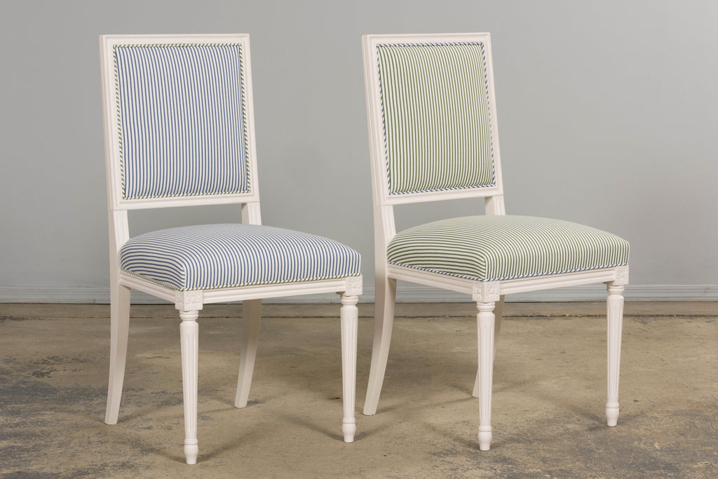 French Louis XVI Style Painted Dining Chairs in Blue & Green Stripe, Set of 6