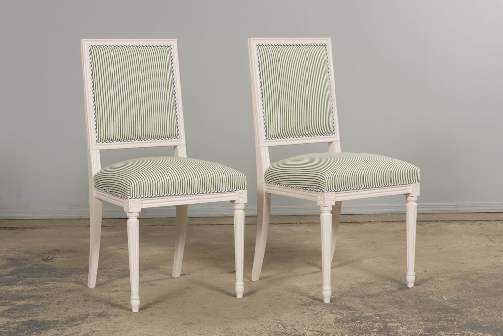 French Louis XVI Style Painted Dining Chairs in Blue & Green Stripe, Set of 6