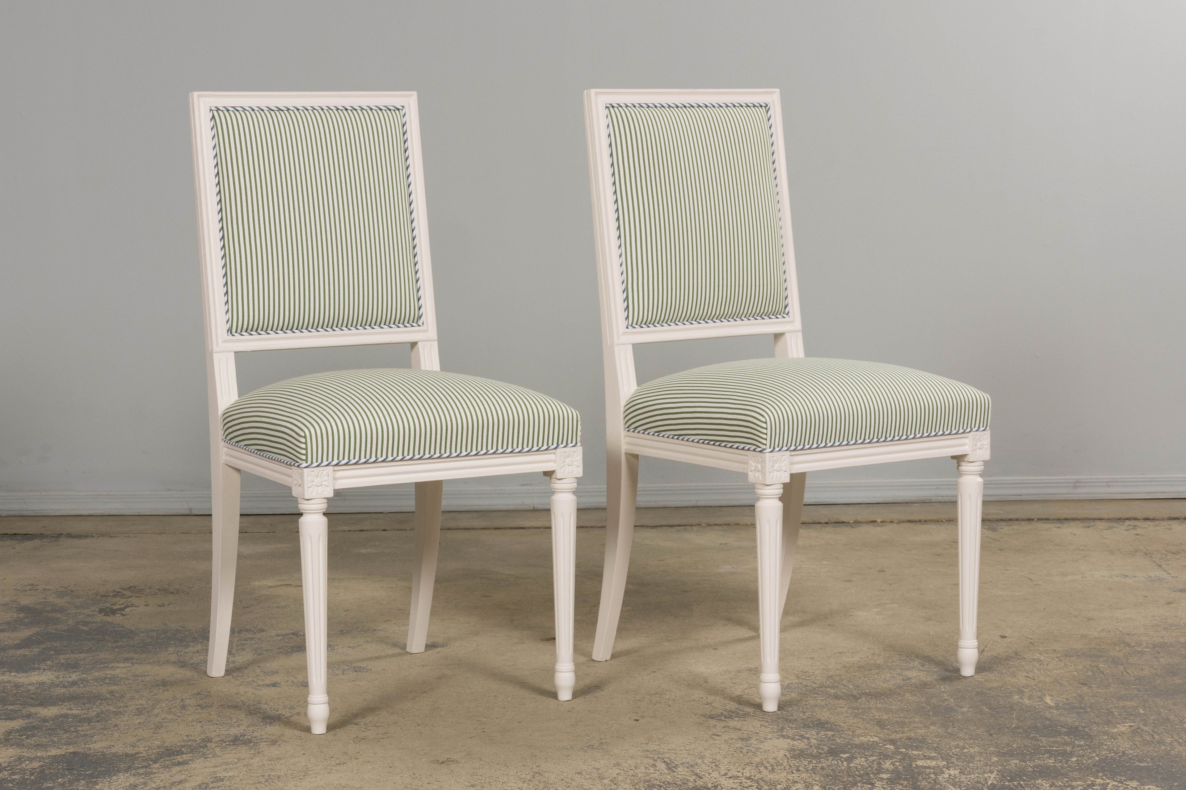 French Louis XVI Style Painted Dining Chairs in Blue & Green Stripe, Set of 6