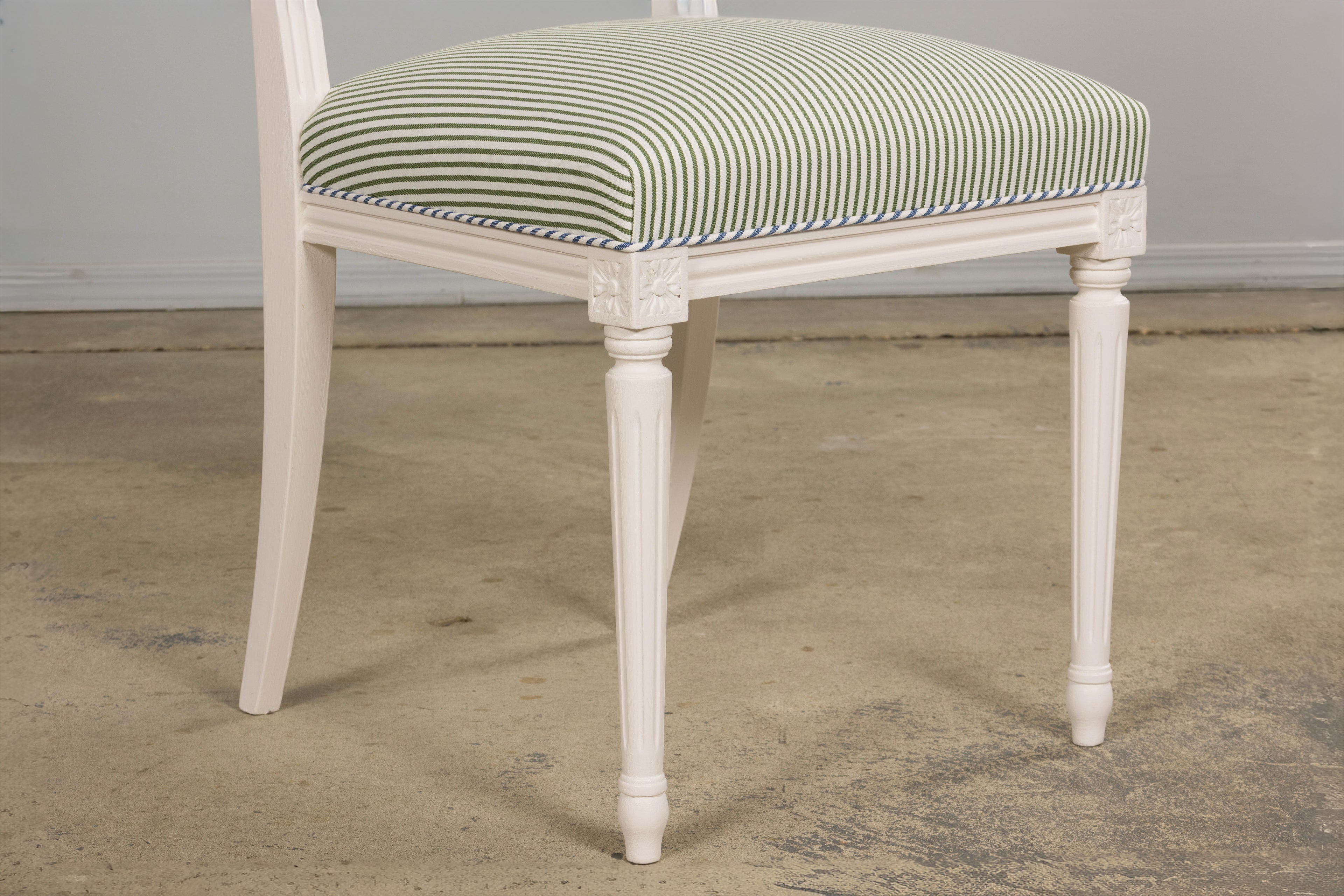 French Louis XVI Style Painted Dining Chairs in Blue & Green Stripe, Set of 6