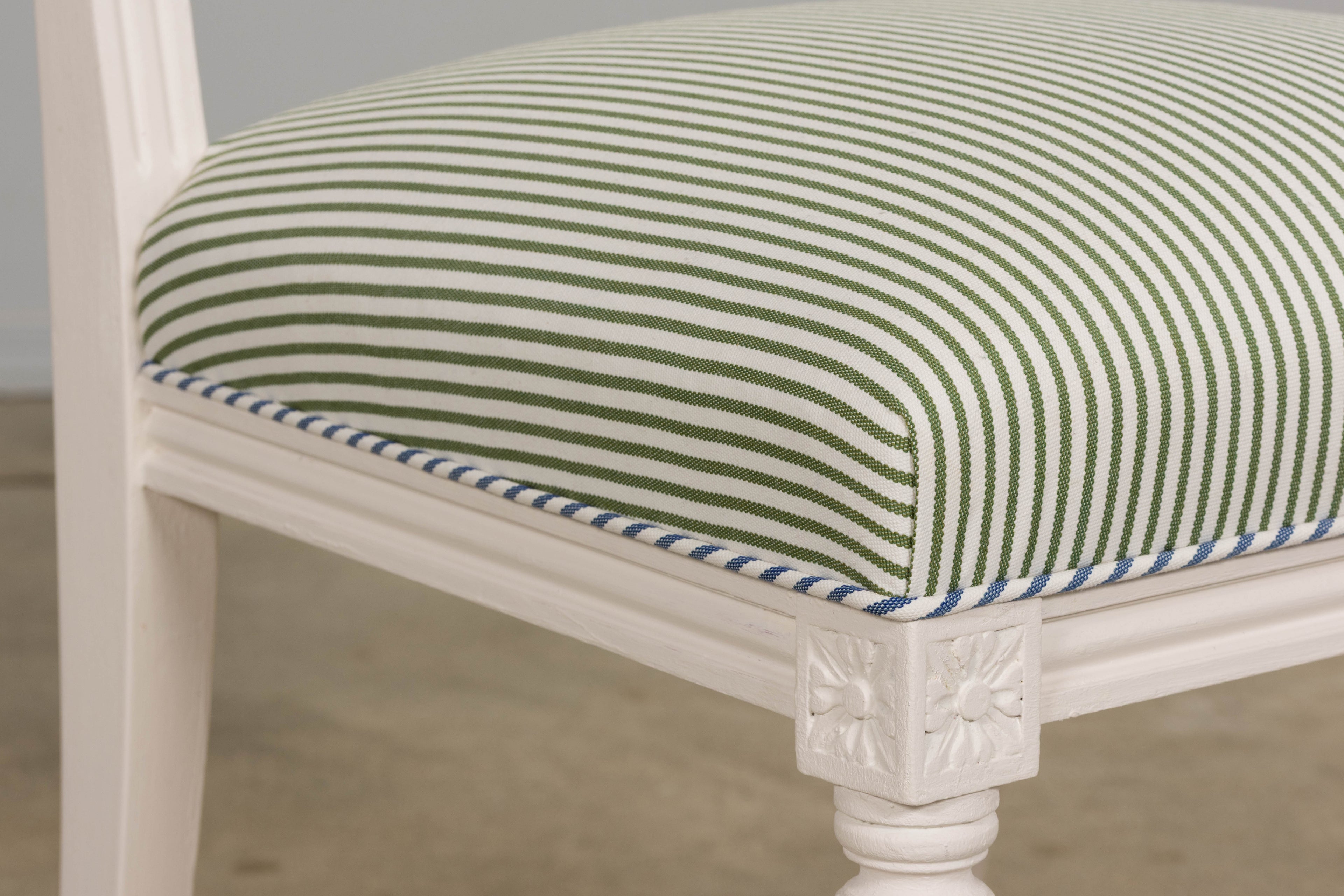 French Louis XVI Style Painted Dining Chairs in Blue & Green Stripe, Set of 6