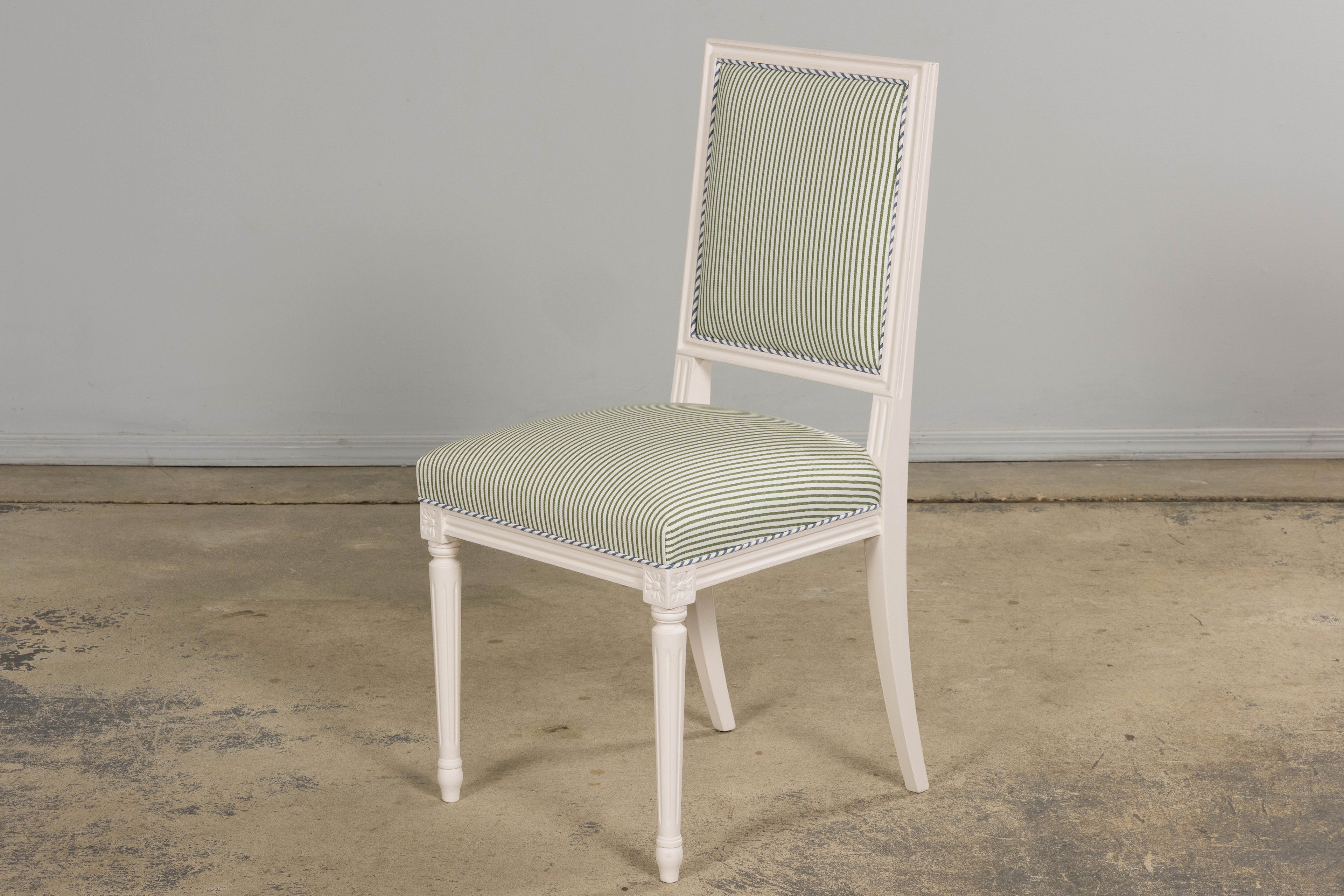 French Louis XVI Style Painted Dining Chairs in Blue & Green Stripe, Set of 6