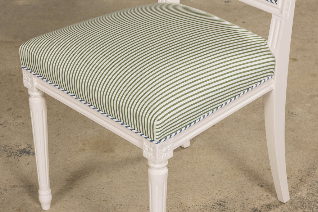 French Louis XVI Style Painted Dining Chairs in Blue & Green Stripe, Set of 6