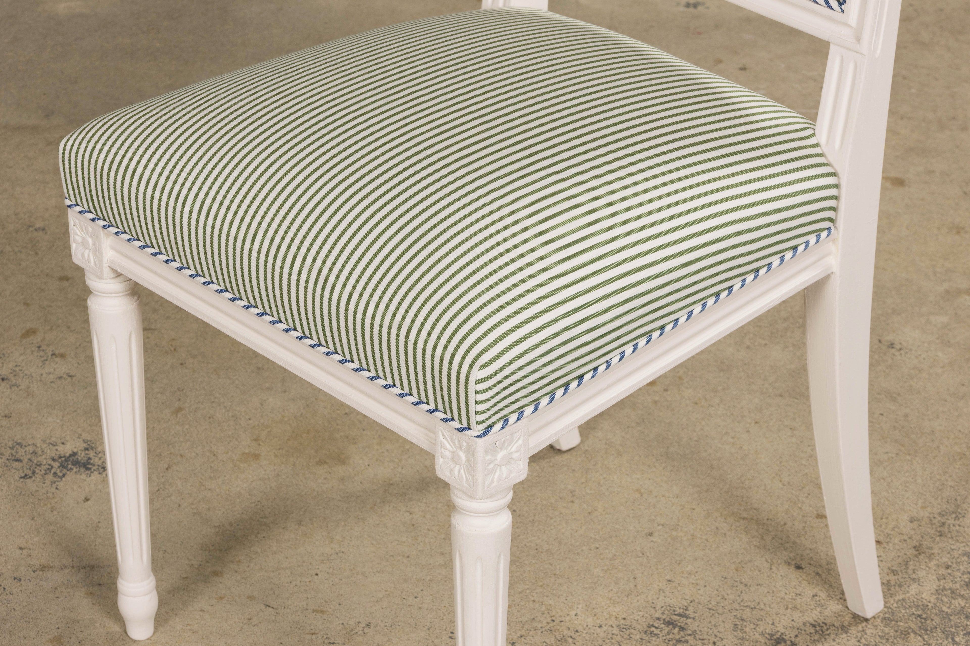 French Louis XVI Style Painted Dining Chairs in Blue & Green Stripe, Set of 6