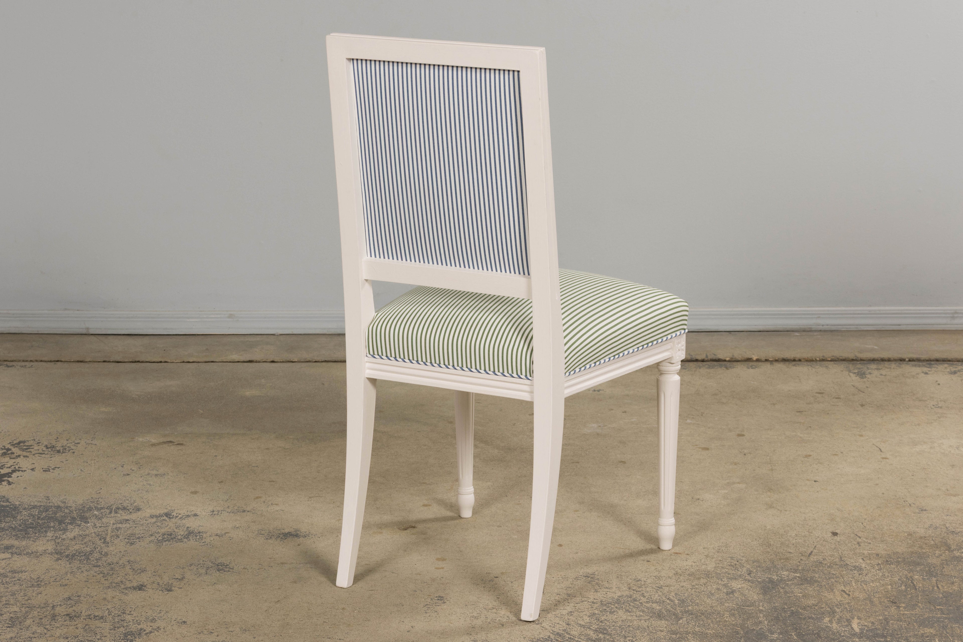 French Louis XVI Style Painted Dining Chairs in Blue & Green Stripe, Set of 6
