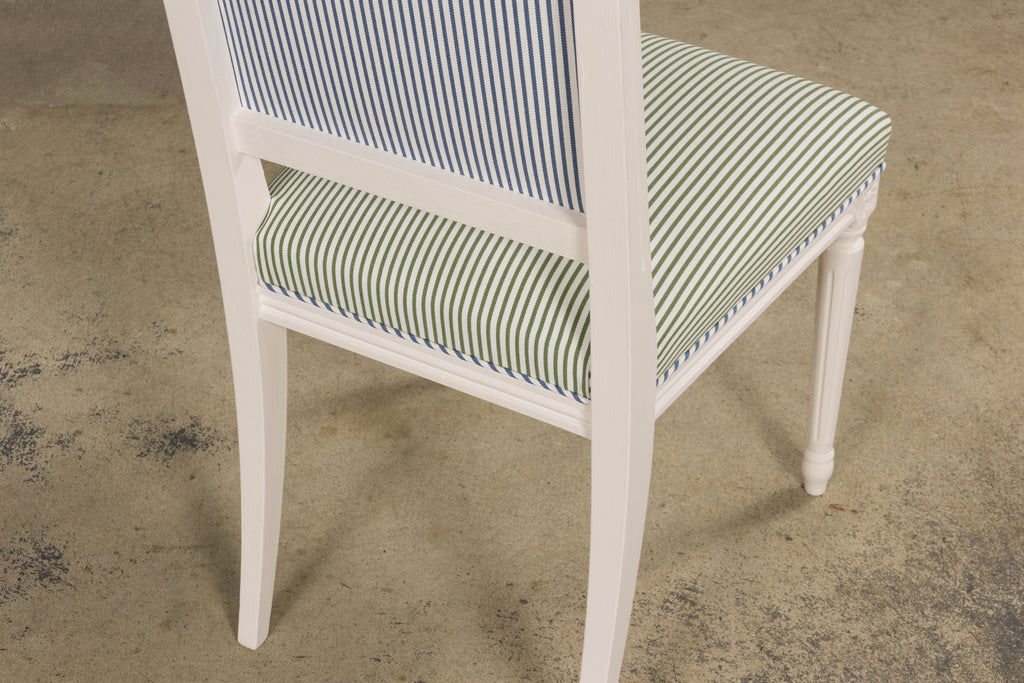 French Louis XVI Style Painted Dining Chairs in Blue & Green Stripe, Set of 6