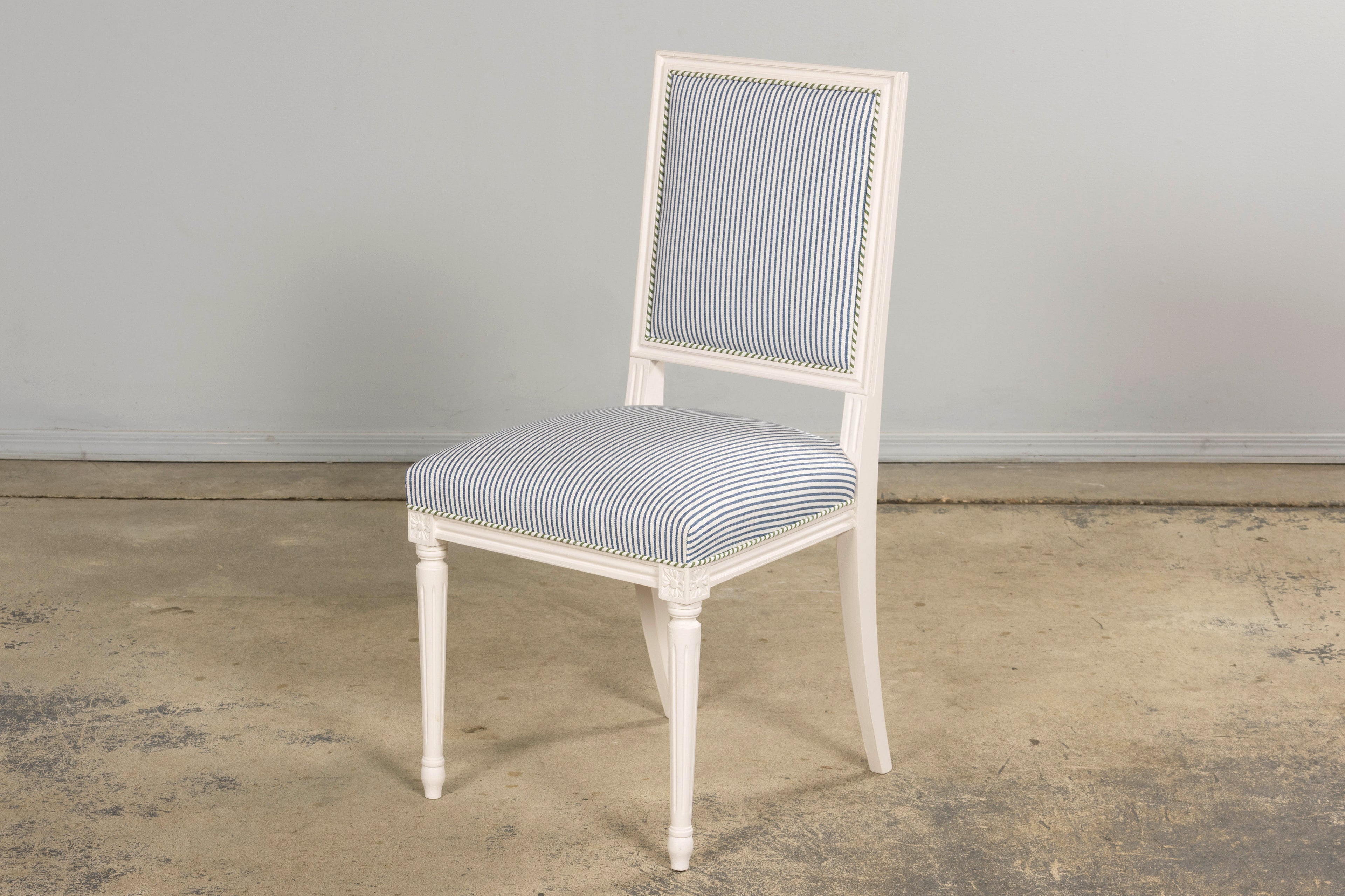 French Louis XVI Style Painted Dining Chairs in Blue & Green Stripe, Set of 6