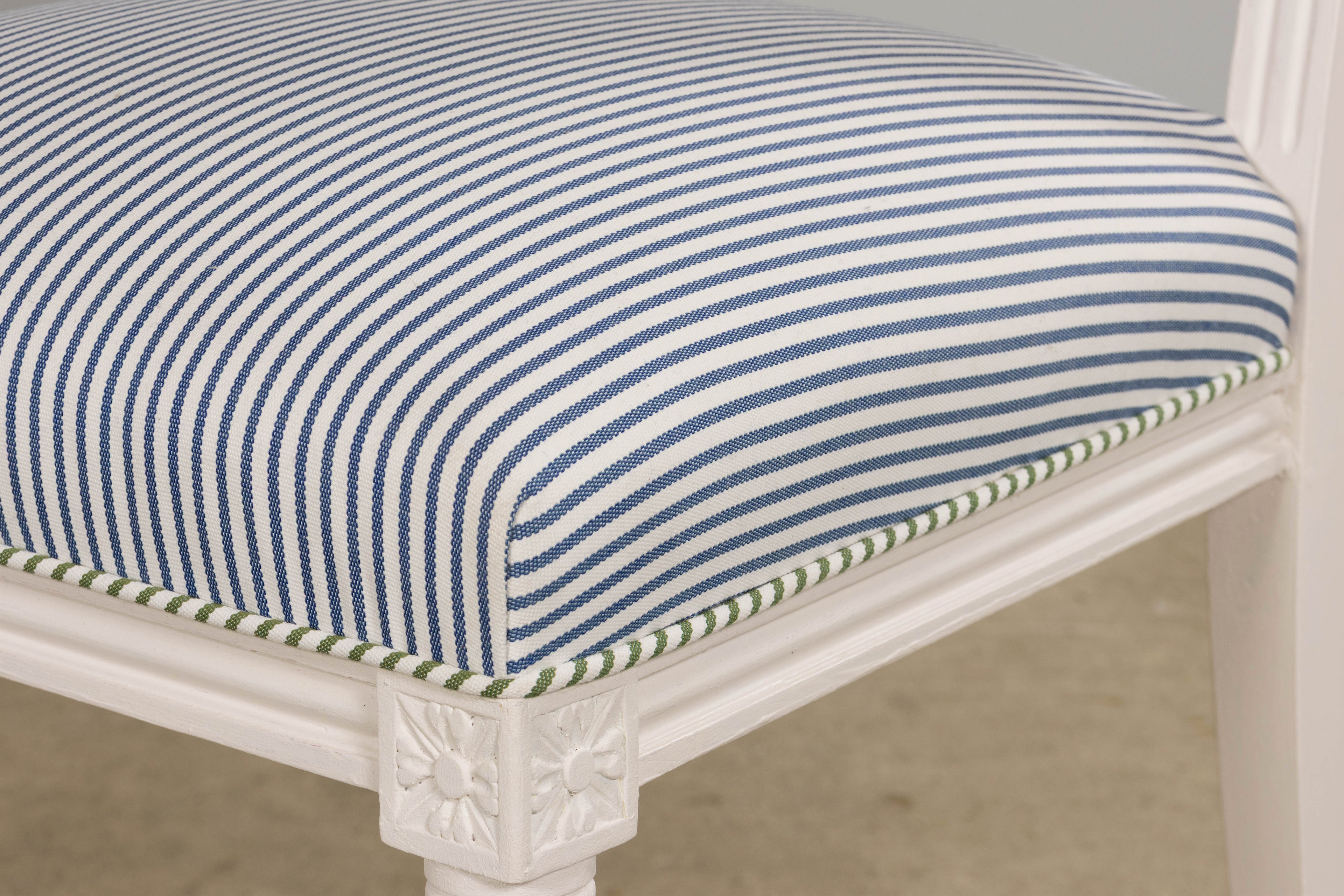 French Louis XVI Style Painted Dining Chairs in Blue & Green Stripe, Set of 6