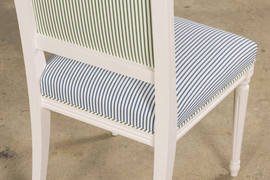 French Louis XVI Style Painted Dining Chairs in Blue & Green Stripe, Set of 6