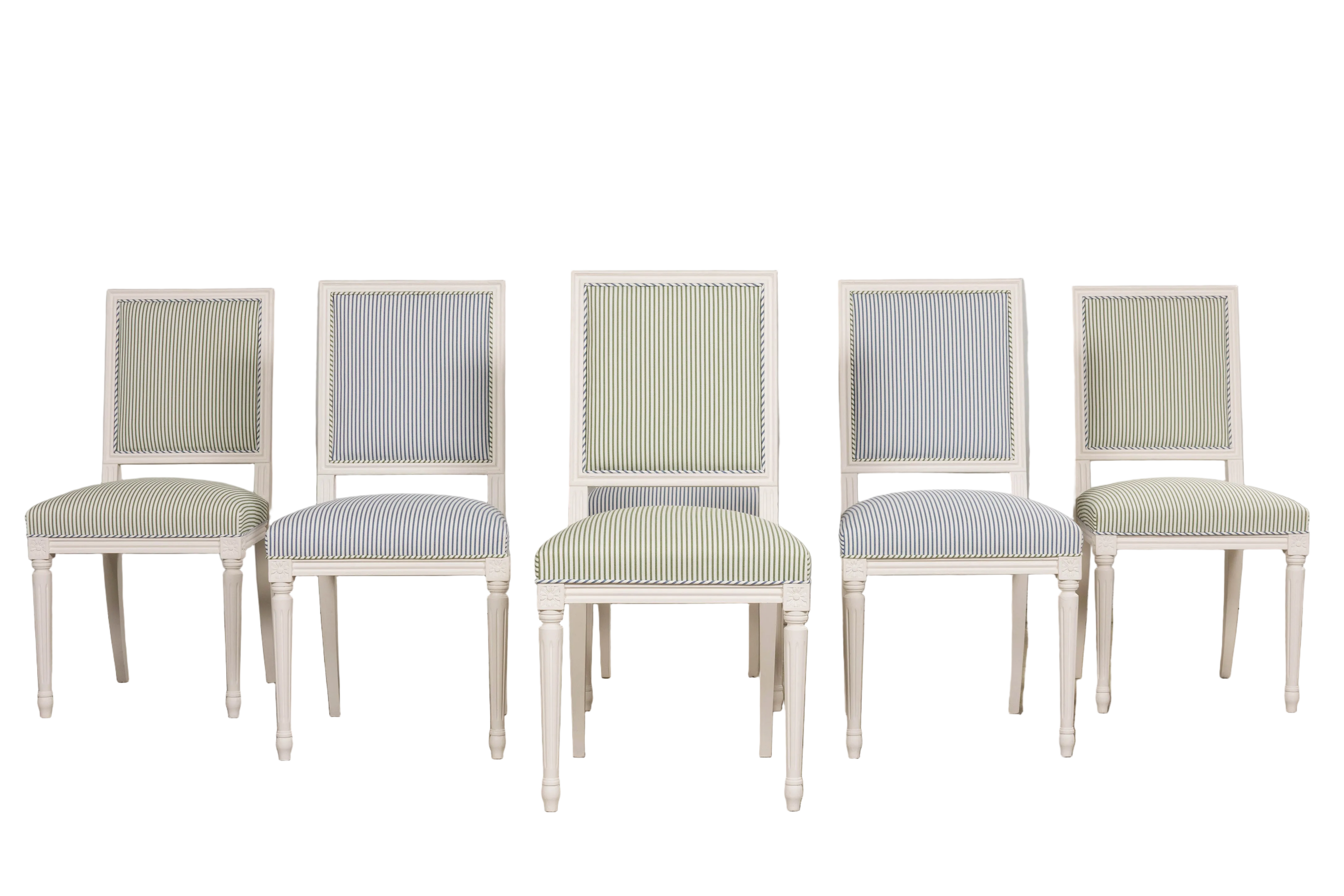 French Louis XVI Style Painted Dining Chairs in Blue & Green Stripe, Set of 6