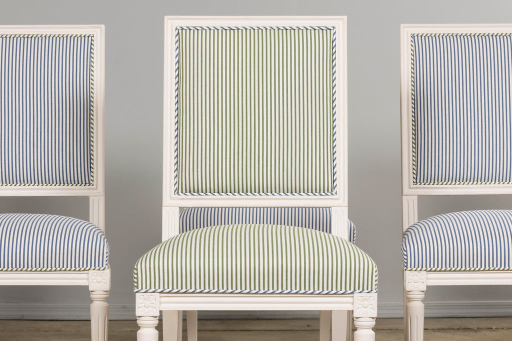 French Louis XVI Style Painted Dining Chairs in Blue & Green Stripe, Set of 6