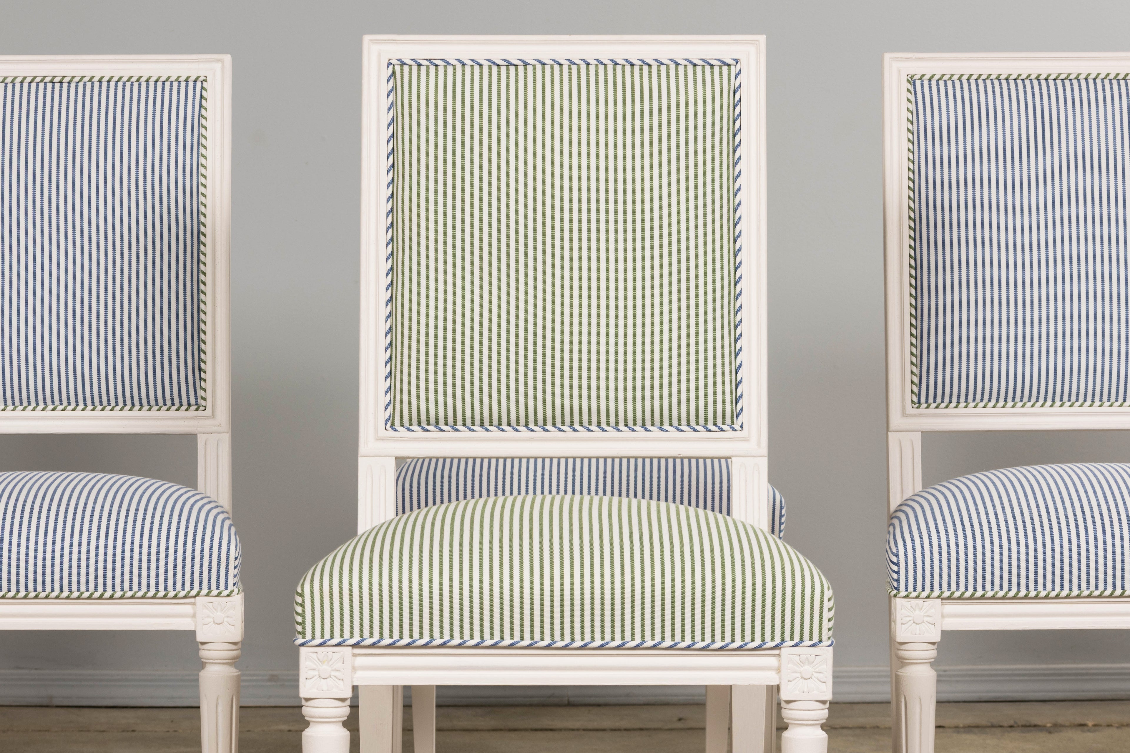 French Louis XVI Style Painted Dining Chairs in Blue & Green Stripe, Set of 6