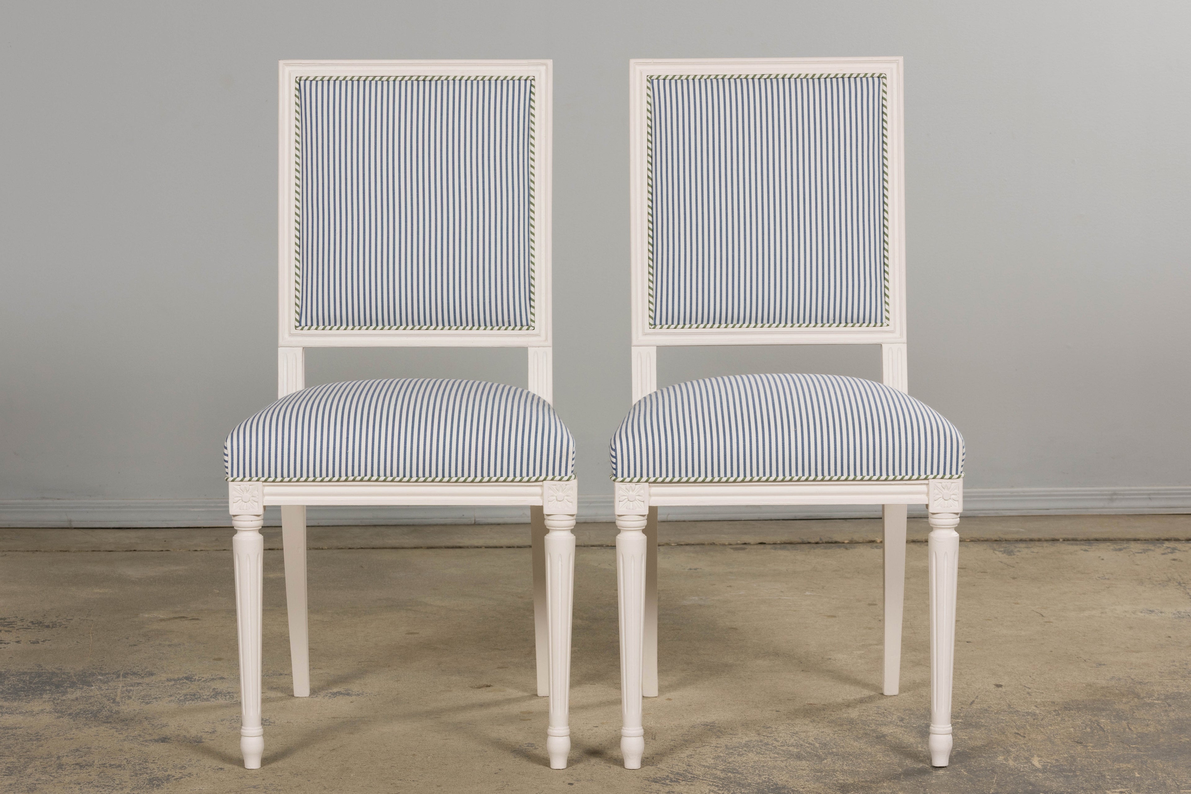 French Louis XVI Style Painted Dining Chairs in Blue & Green Stripe, Set of 6