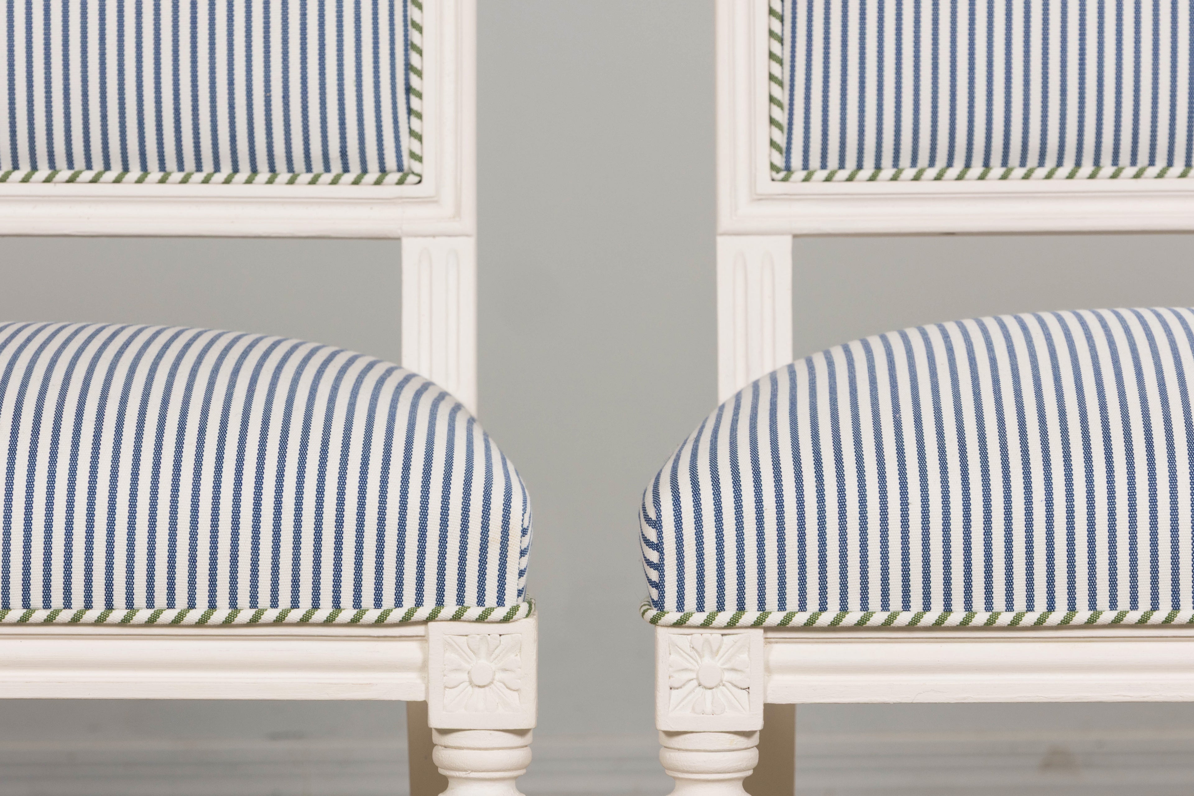 French Louis XVI Style Painted Dining Chairs in Blue & Green Stripe, Set of 6