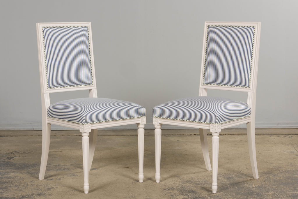 French Louis XVI Style Painted Dining Chairs in Blue & Green Stripe, Set of 6
